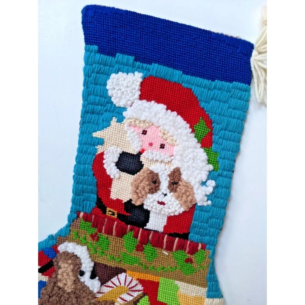 Vintage Needlepoint Christmas Stocking‎ Handmade Santa in Chimney Kitsch Retro